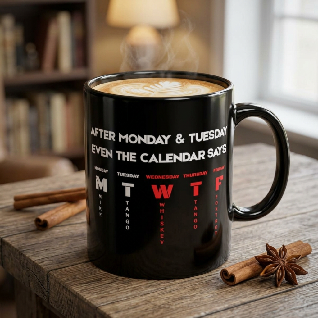 Funny 'After Monday & Tuesday Even The Calendar Says W T F' Black Coffee Mug — Novelty Office Gift