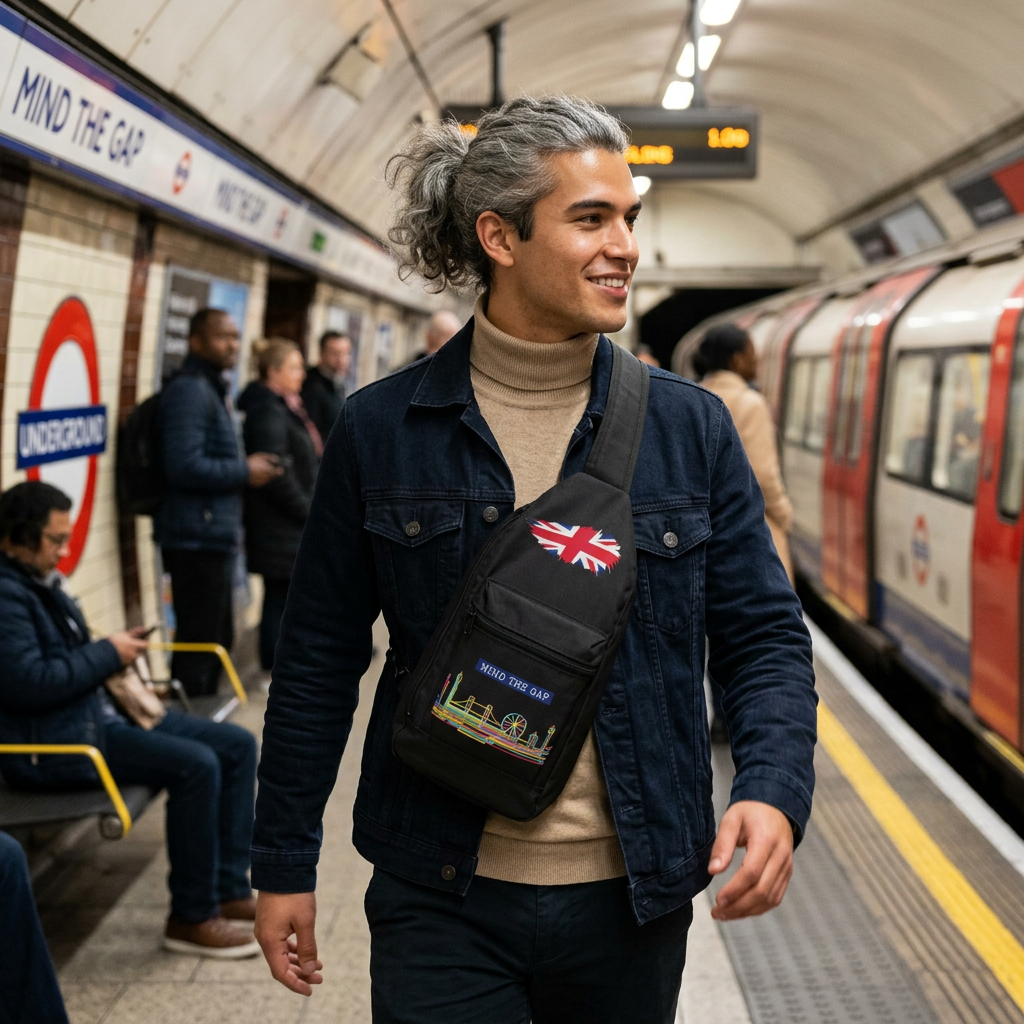 Mind the Gap London Sling Bag — Neon Skyline & Union Jack Travel Crossbody