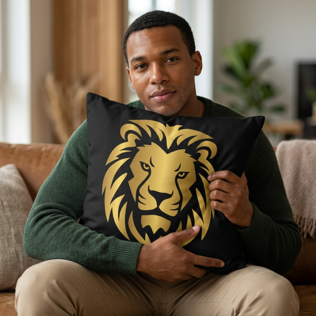 Lion Head Throw Pillow — Gold Lion Decorative Cushion for Living Room