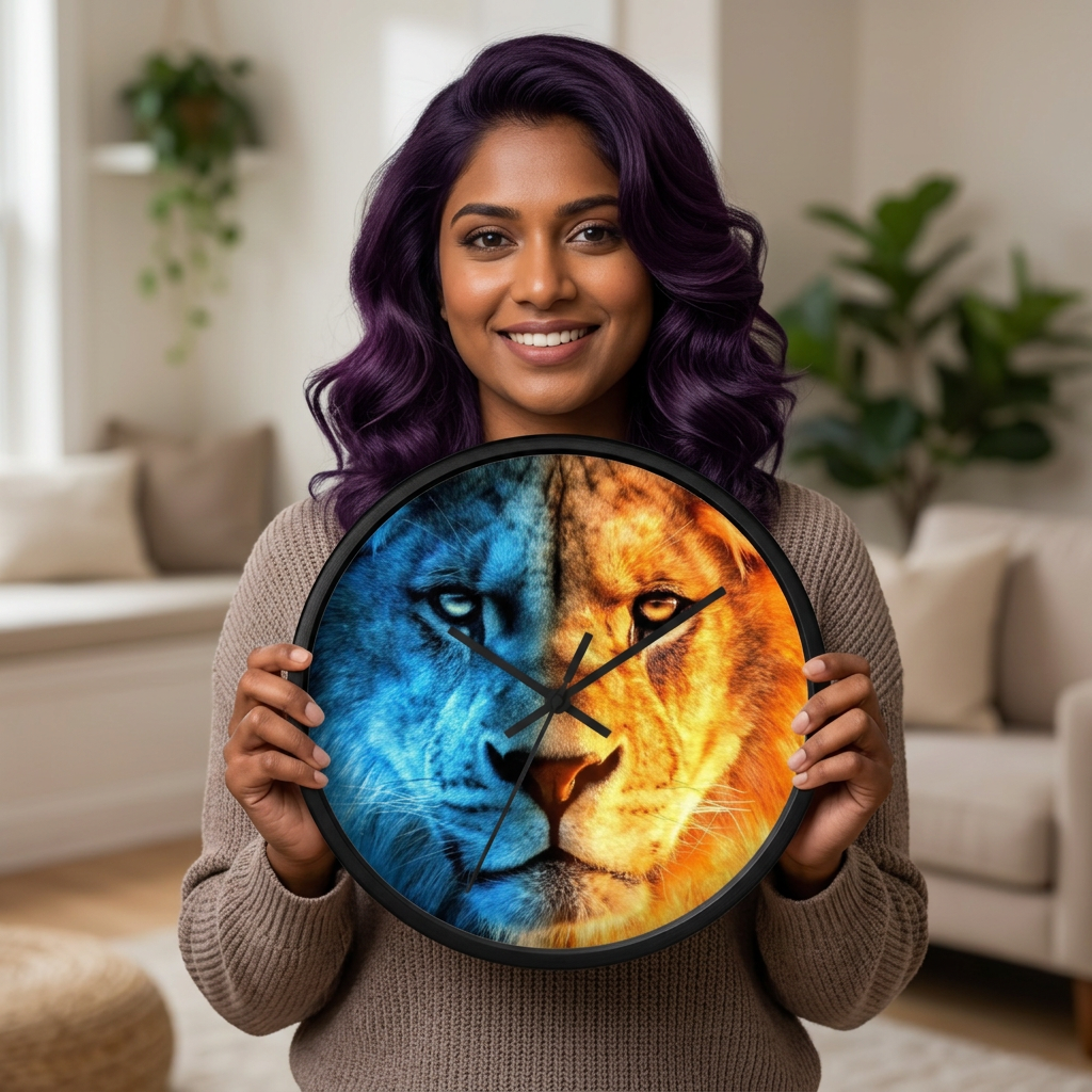 Lion Face Wall Clock — Blue & Orange Dual-Tone Lion Art Clock