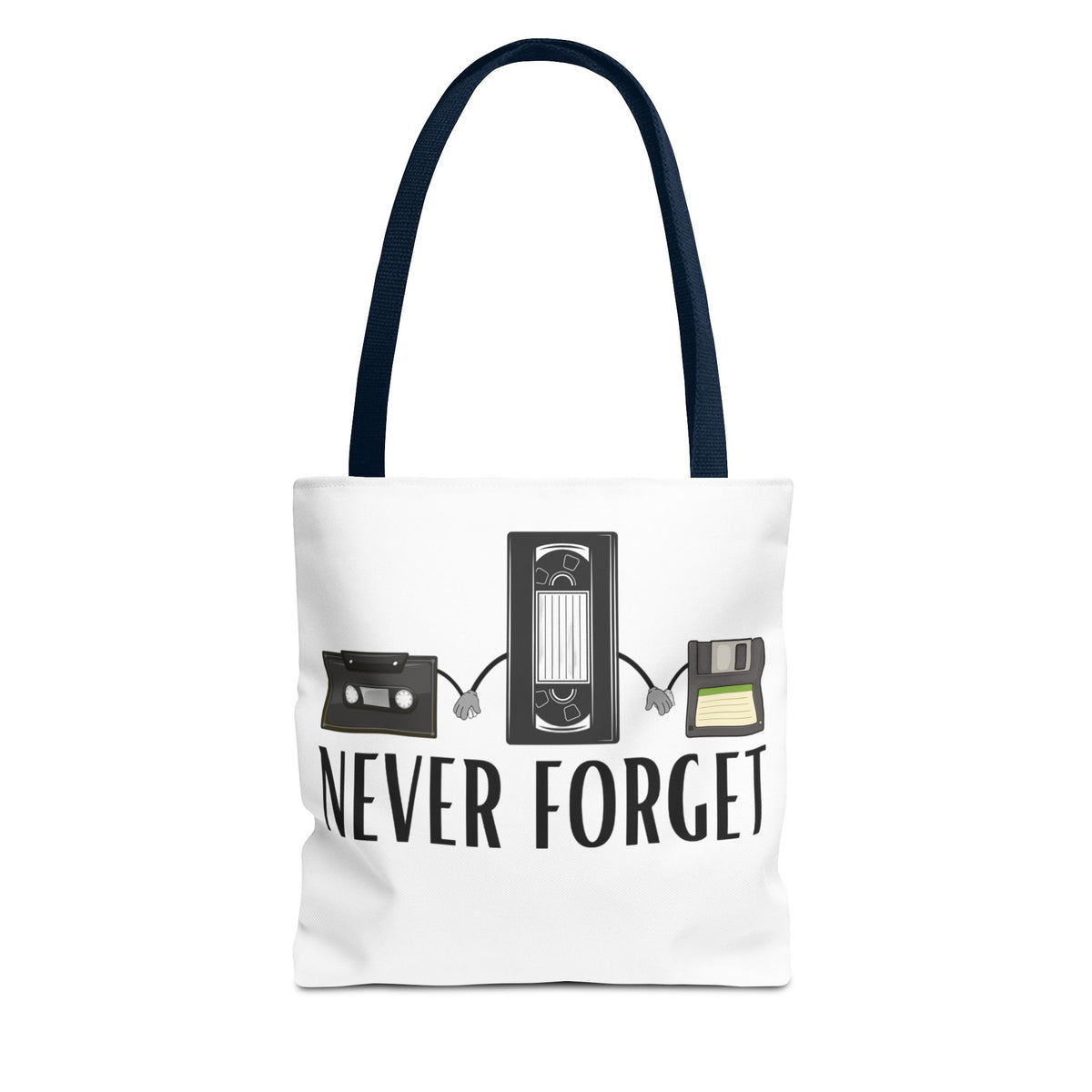 Retro Media 'Never Forget' Tote Bag — Vintage Cassette, VHS & Floppy Design