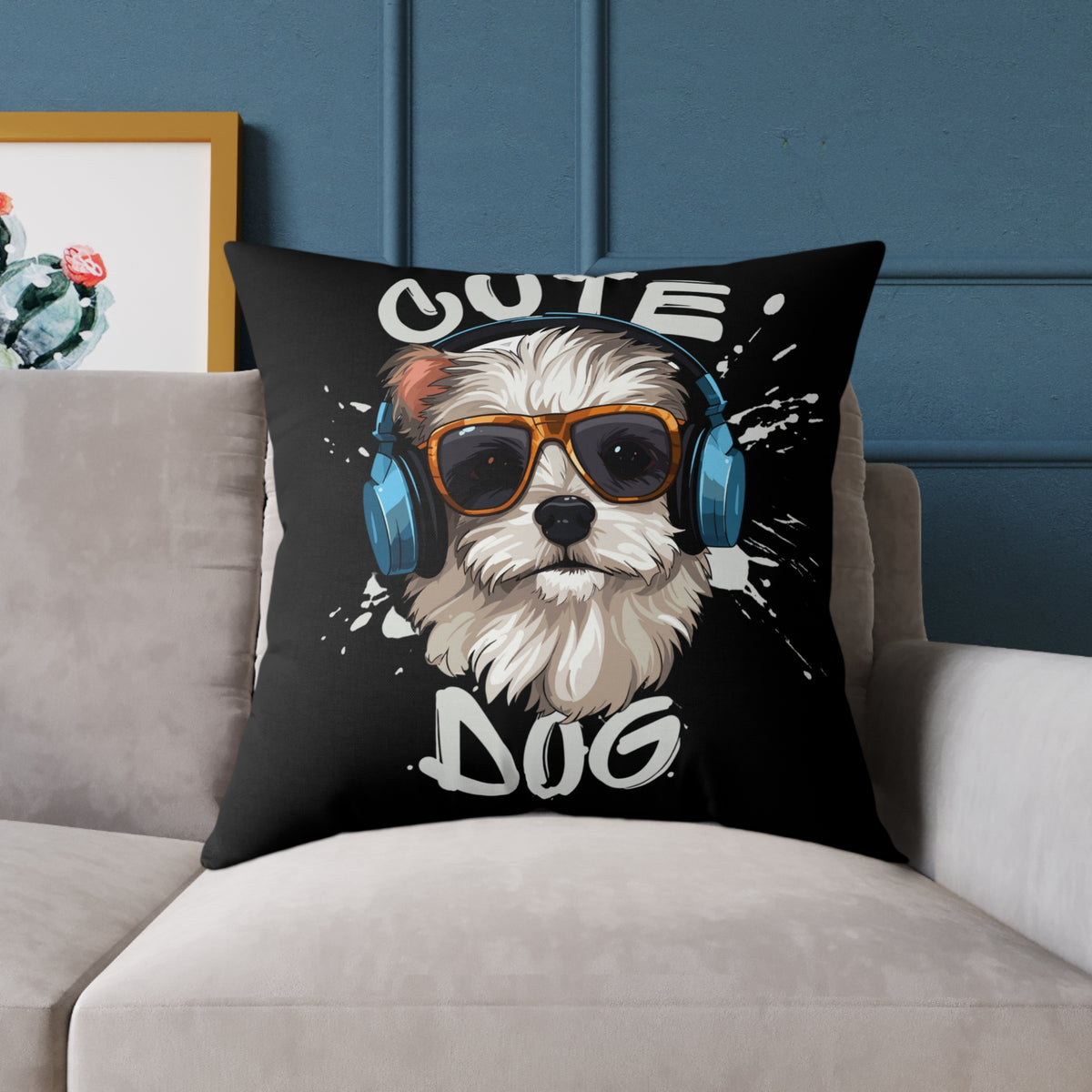 Cute Dog Headphones Square Pillow — Cool Sunglasses Pet Decor
