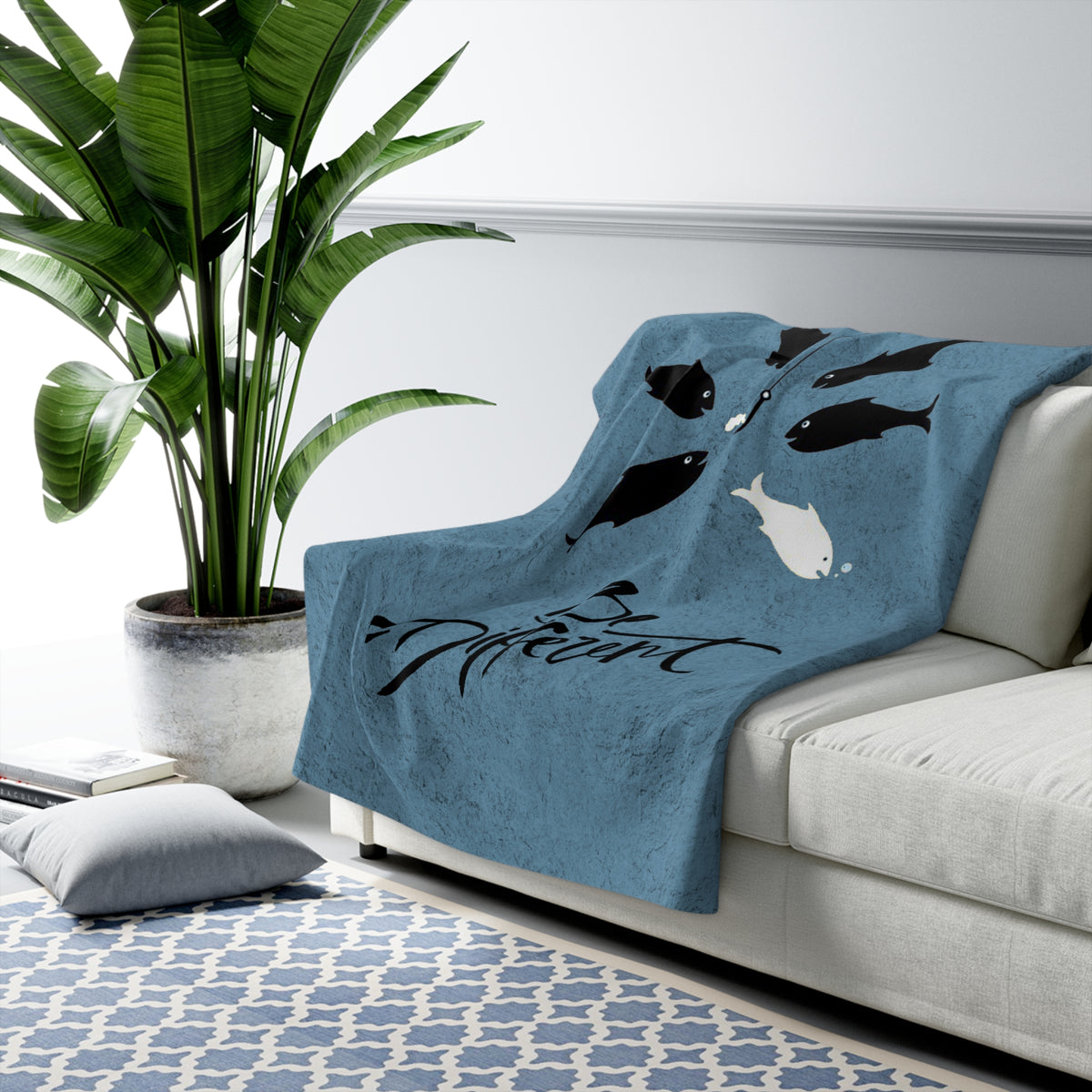 Be Different Sherpa Fleece Blanket — Inspirational Fish Design, Cozy Throw for Gifts & Home