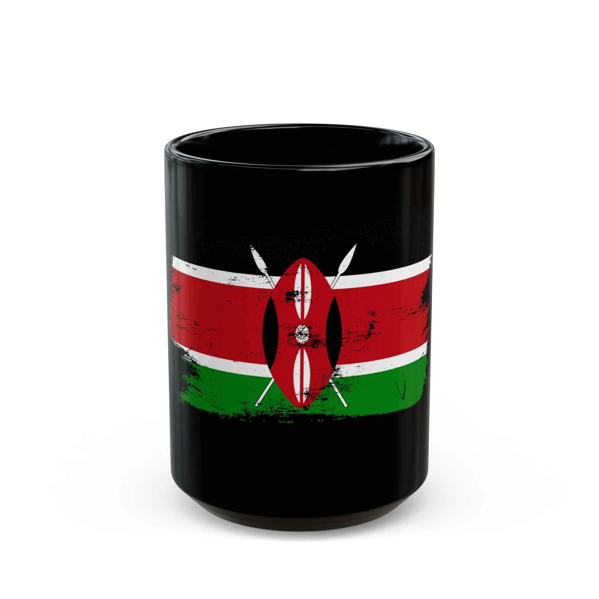 Kenya Flag Black Coffee Mug – Distressed Kenyan Shield & Spears Design (11oz, 15oz)