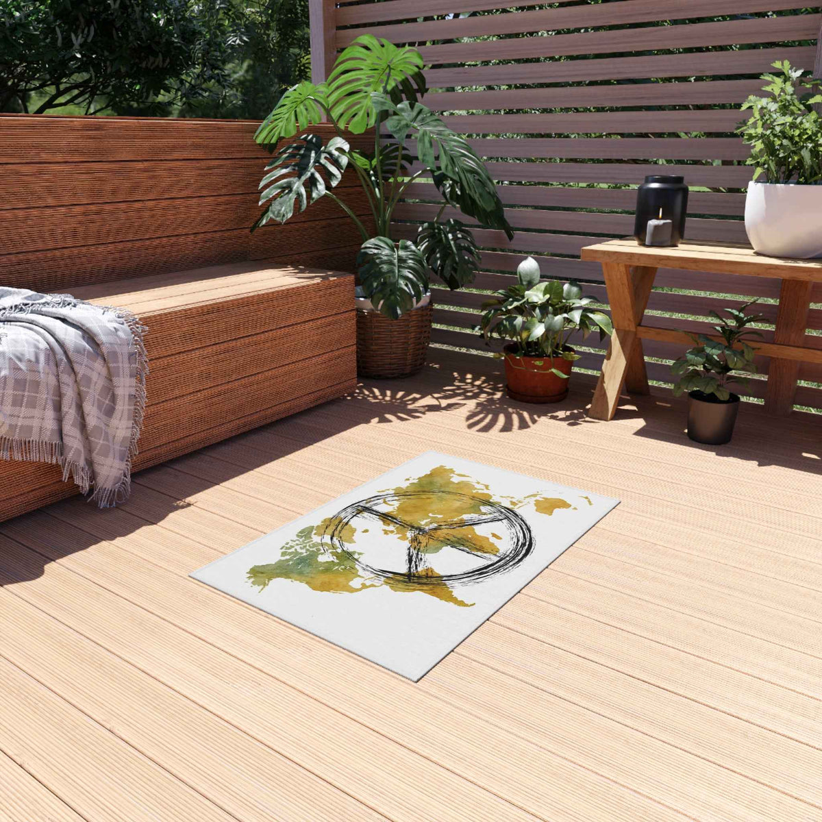 Peace World Map Outdoor Rug — Watercolor Earth & Peace Symbol Doormat