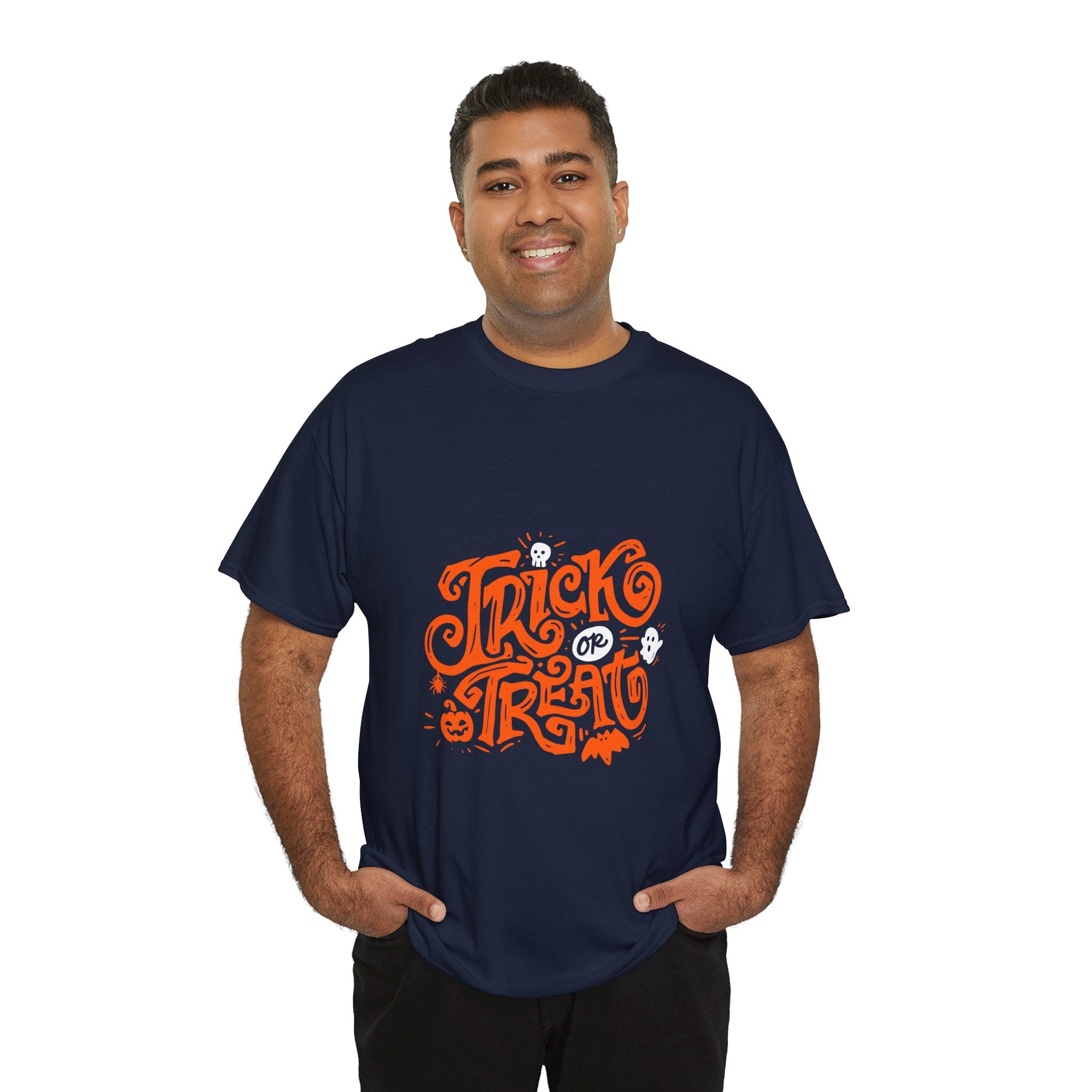 Trick or Treat Heavy Cotton Tee, Halloween Gift Shirt, Unisex Black T-Shirt, Spooky Costume Top, Fall Celebration Apparel