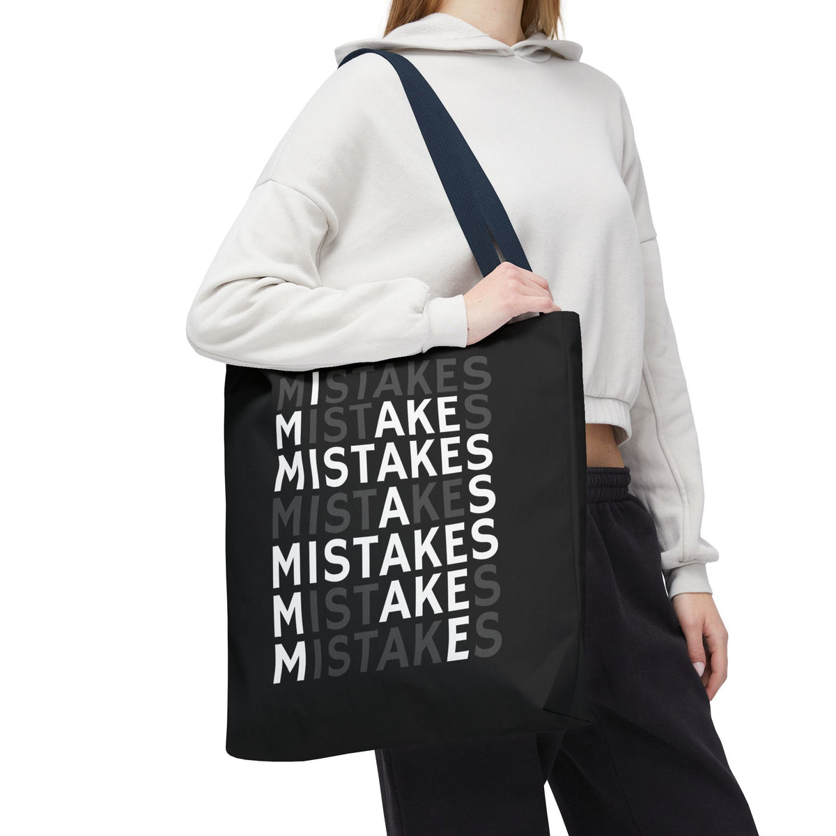 Mistakes Repeat Pattern Tote Bag — Black Typography Shopper