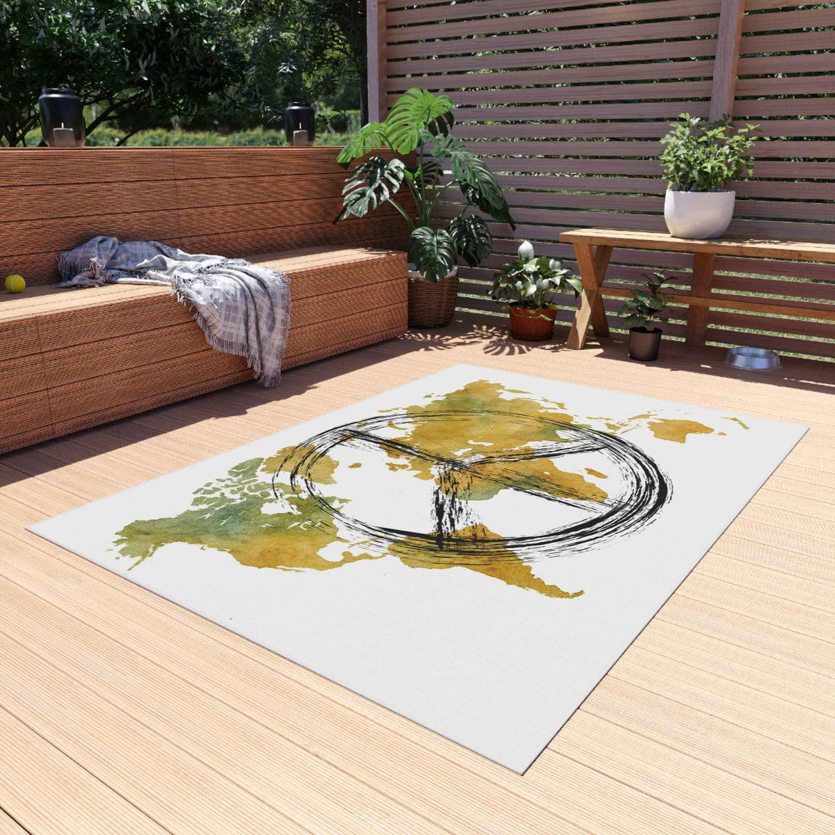 Peace World Map Outdoor Rug — Watercolor Earth & Peace Symbol Doormat