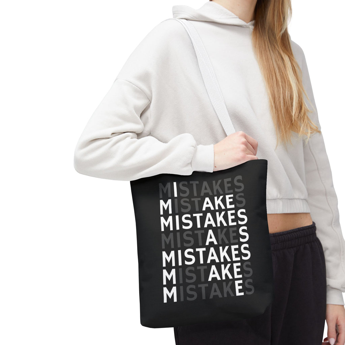 Mistakes Repeat Pattern Tote Bag — Black Typography Shopper