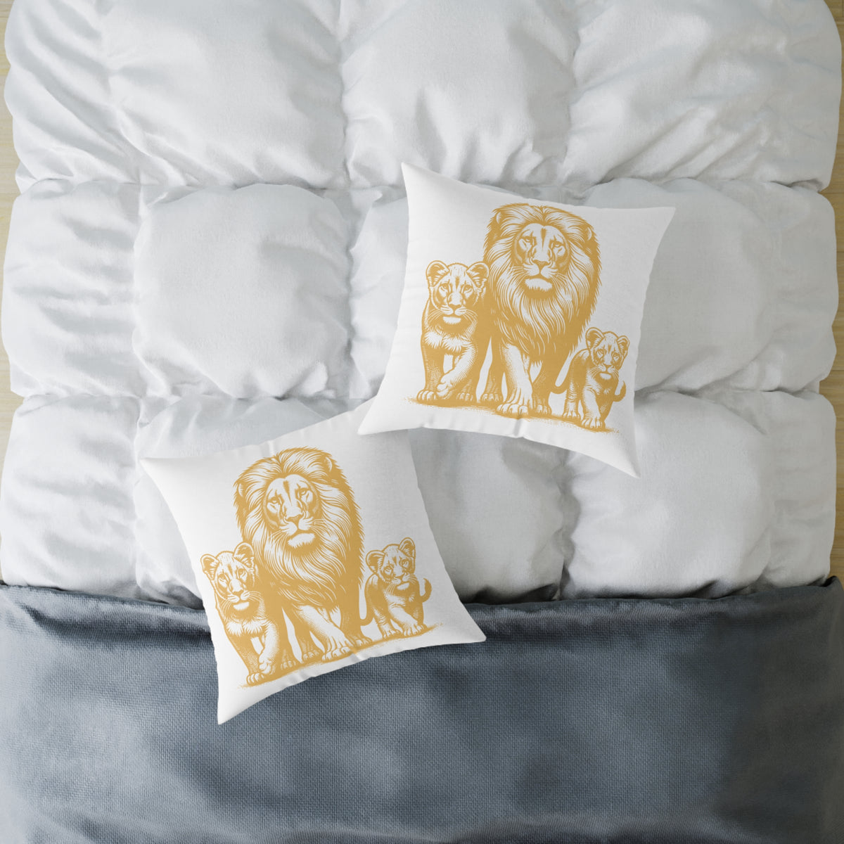 Lion Family Decorative Pillow – Golden Lion & Cubs Square Throw Pillow