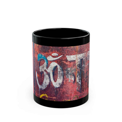 OM Symbol Black Ceramic Mug — Vintage Red Sanskrit Prayer Design (11oz/15oz)