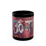 OM Symbol Black Ceramic Mug — Vintage Red Sanskrit Prayer Design (11oz/15oz)