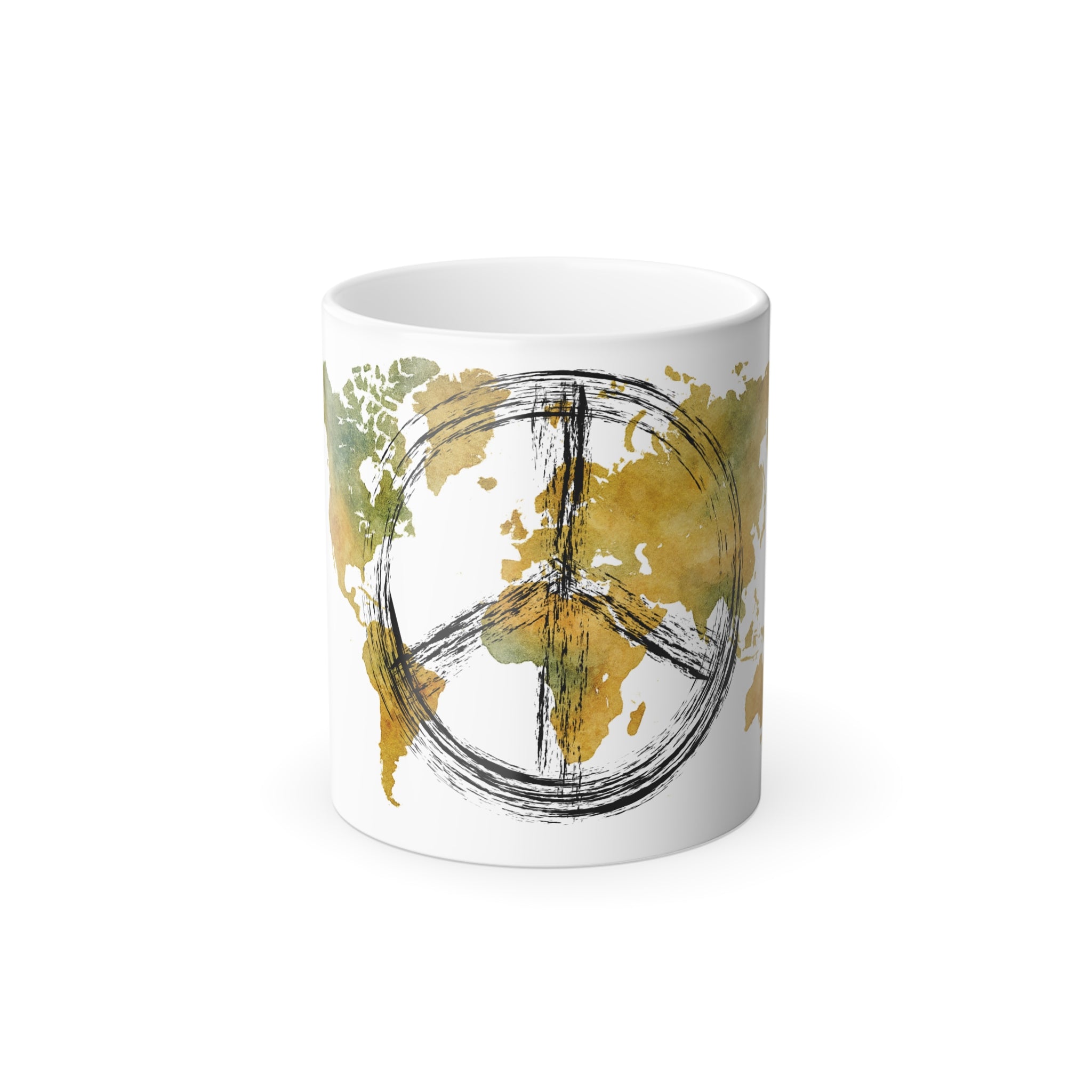 Peaceful World Color-Changing Mug — Watercolor Peace Sign Globe, 11oz