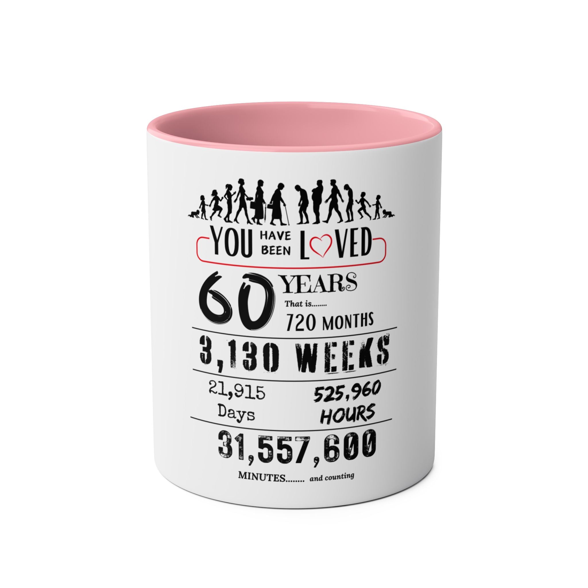 Happy 60th Birthday Gift, Mugs, 2 tone, Boys, Girls, Men, Women, Funny, Age, Facts, Years, Months, Weeks, Days, Hours, Minutes