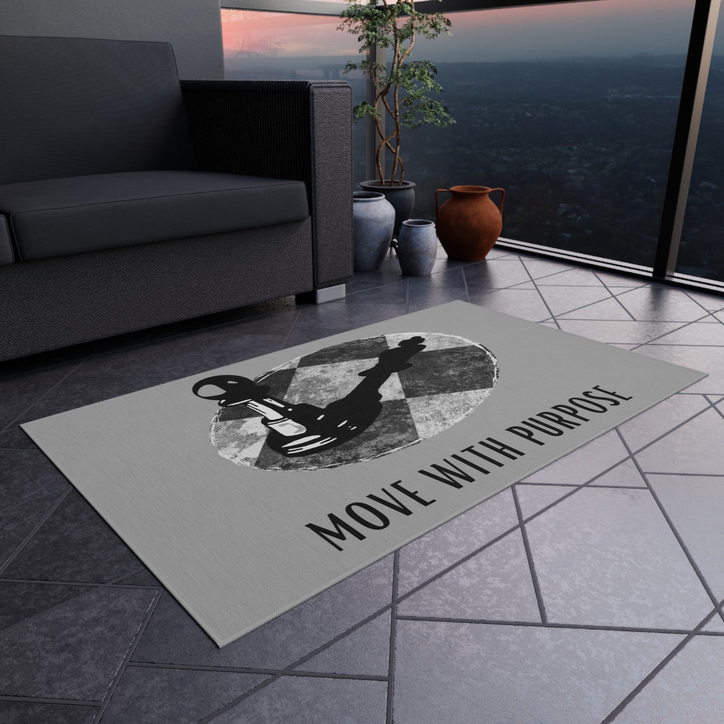 Outdoor Rug — "Move With Purpose" Chess Pawn Motivational Doormat
