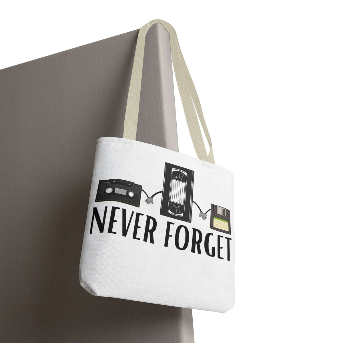 Retro Media 'Never Forget' Tote Bag — Vintage Cassette, VHS & Floppy Design