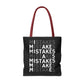 Mistakes Repeat Pattern Tote Bag — Black Typography Shopper