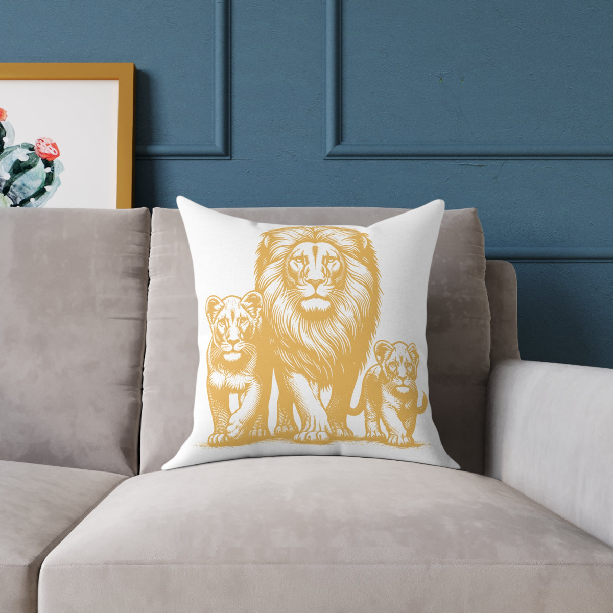 Lion Family Decorative Pillow – Golden Lion & Cubs Square Throw Pillow