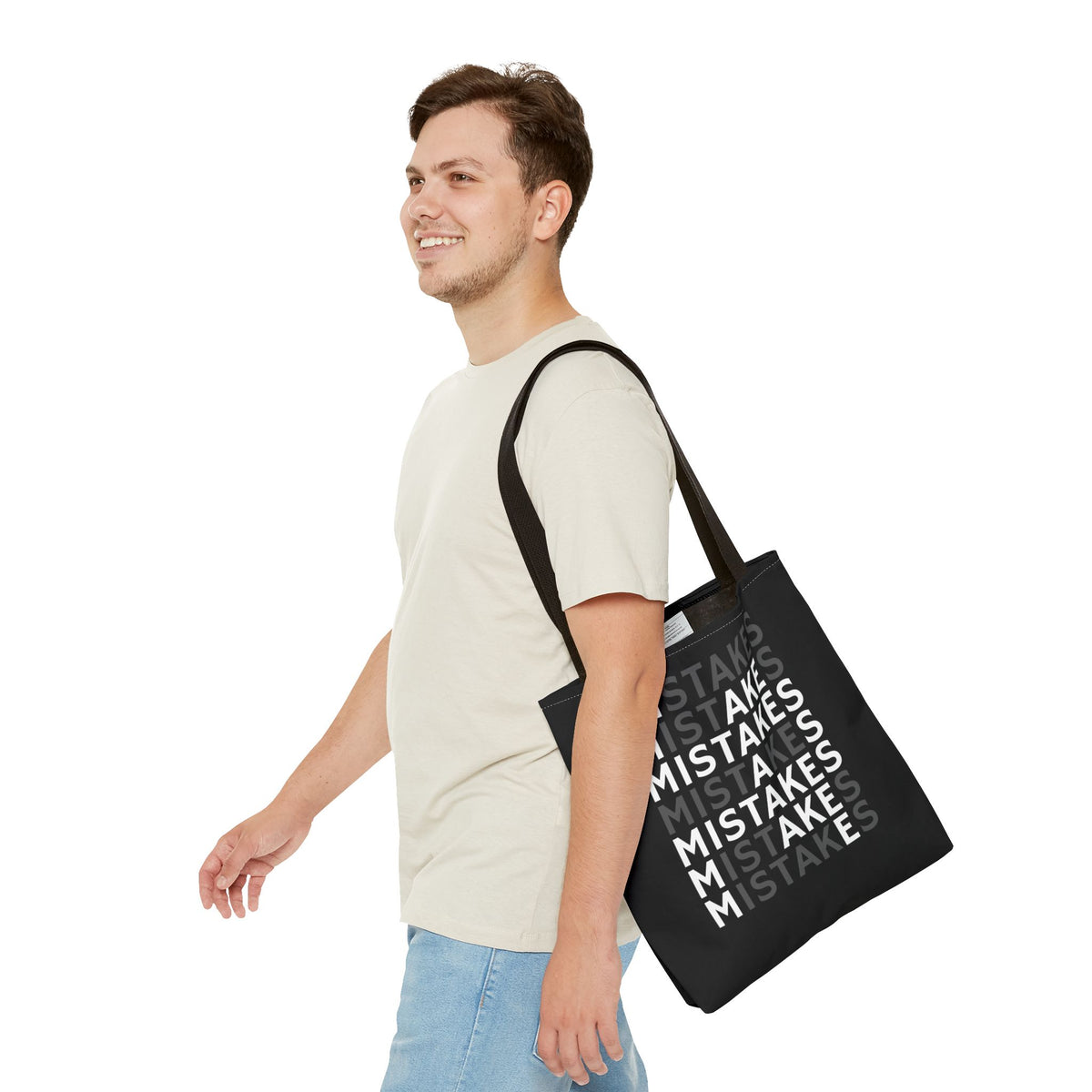 Mistakes Repeat Pattern Tote Bag — Black Typography Shopper