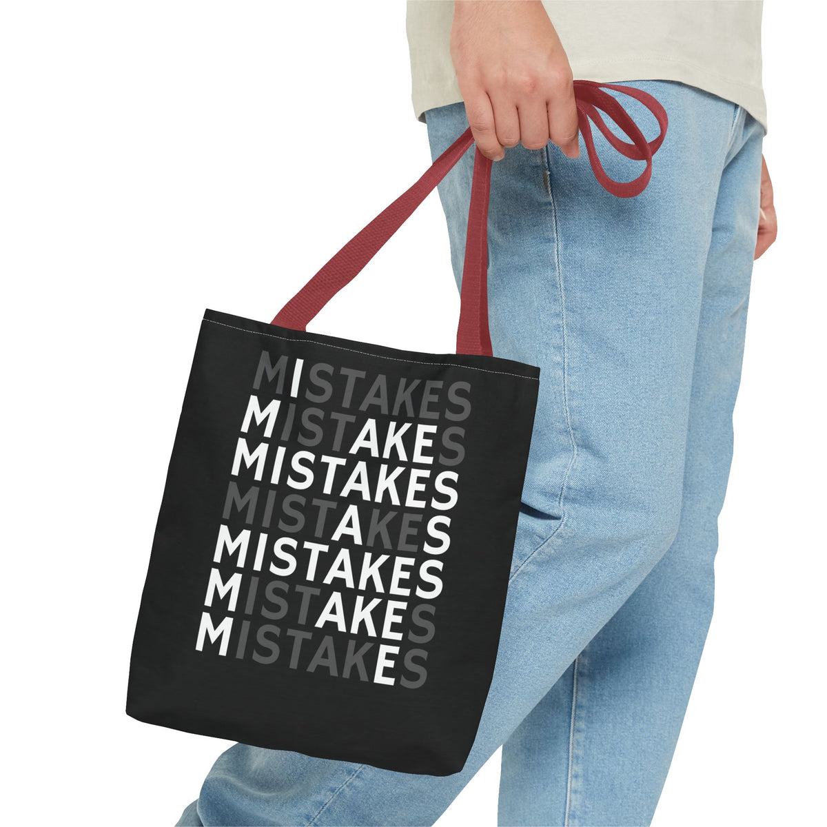 Mistakes Repeat Pattern Tote Bag — Black Typography Shopper
