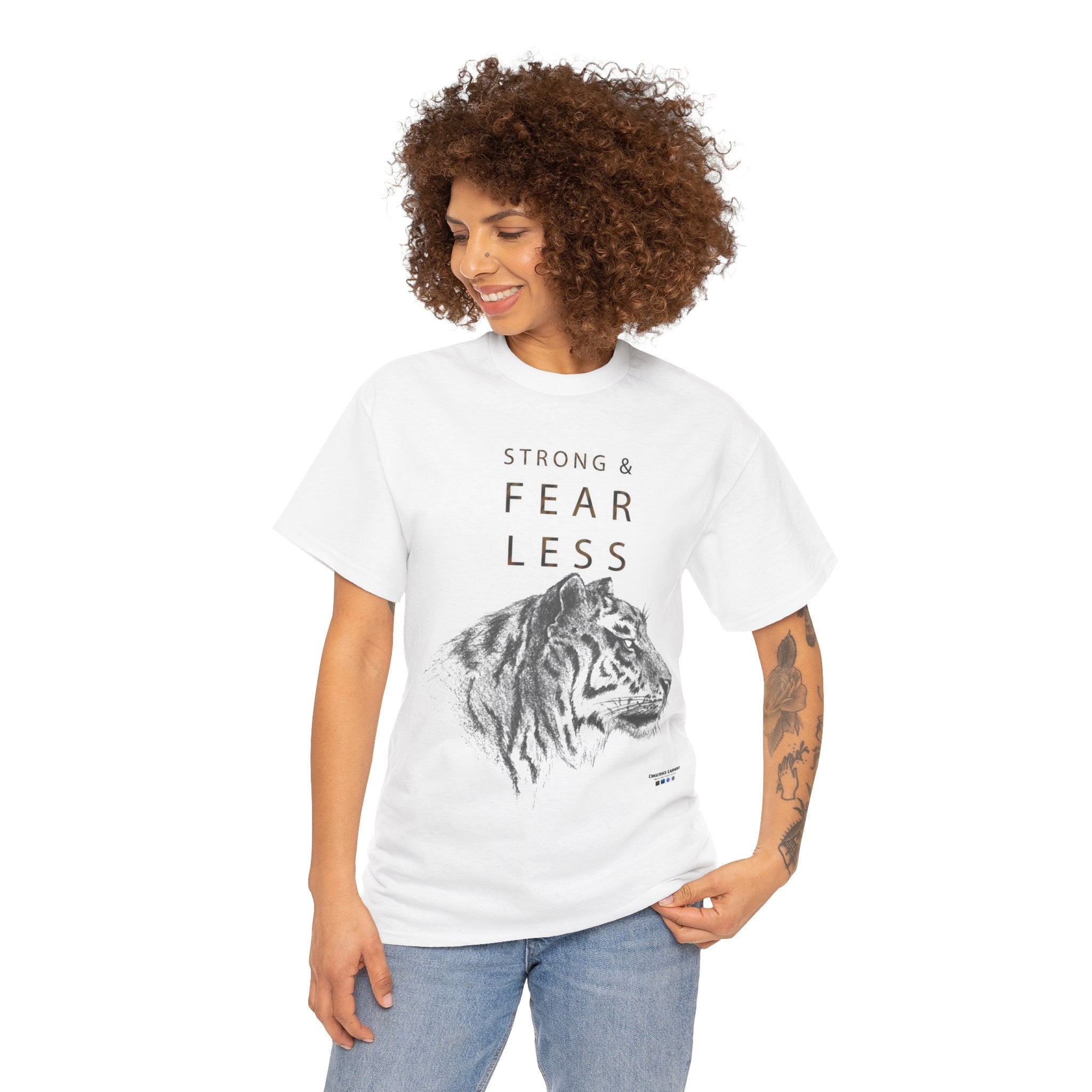 T Shirt, Unisex Heavy Cotton, White, Gift, Mindfulness, Inspiration, Motivation, Conscience Garment, Tiger, Fearless, Wild