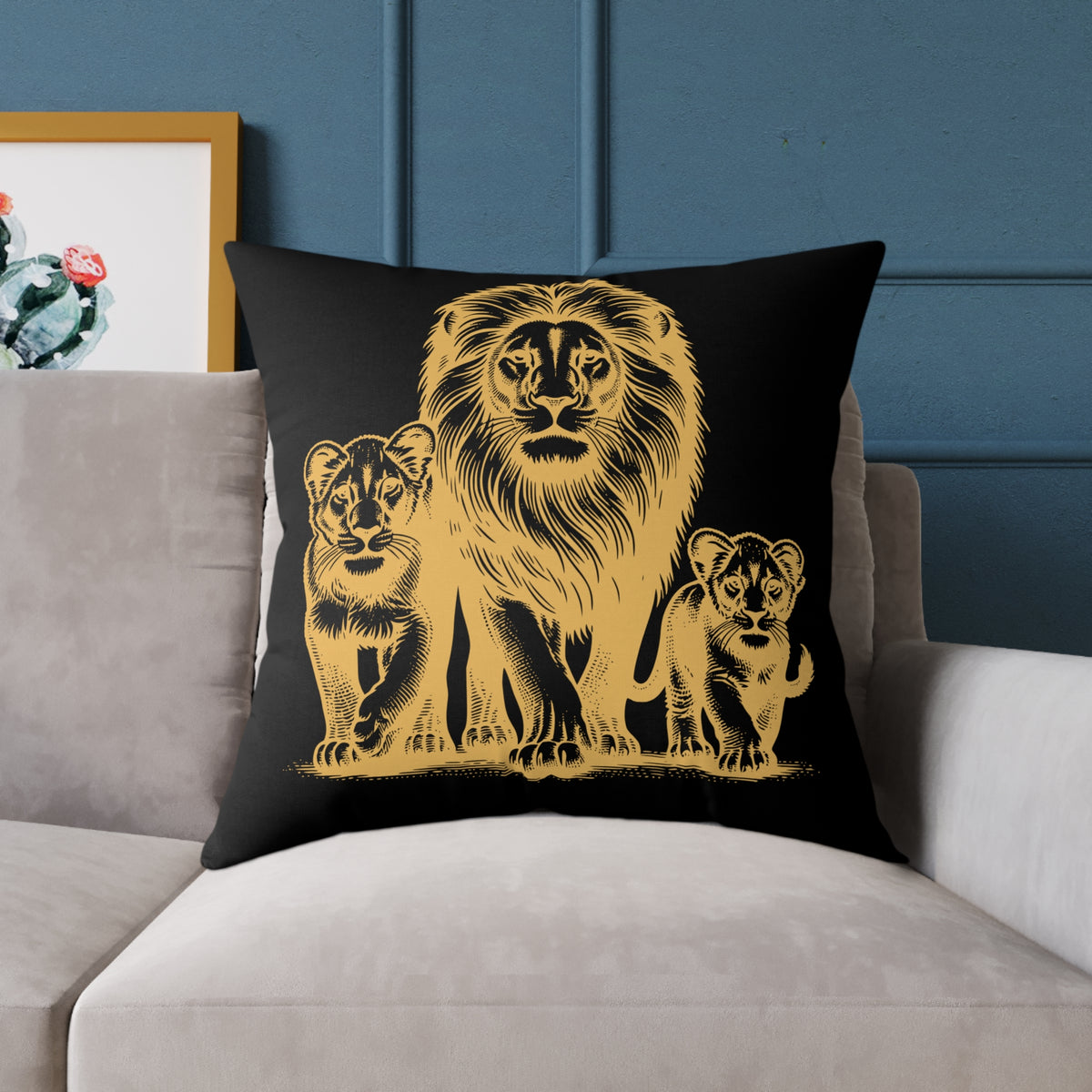 Lion Family Throw Pillow — Gold Safari Lion Cub Decorative Cushion