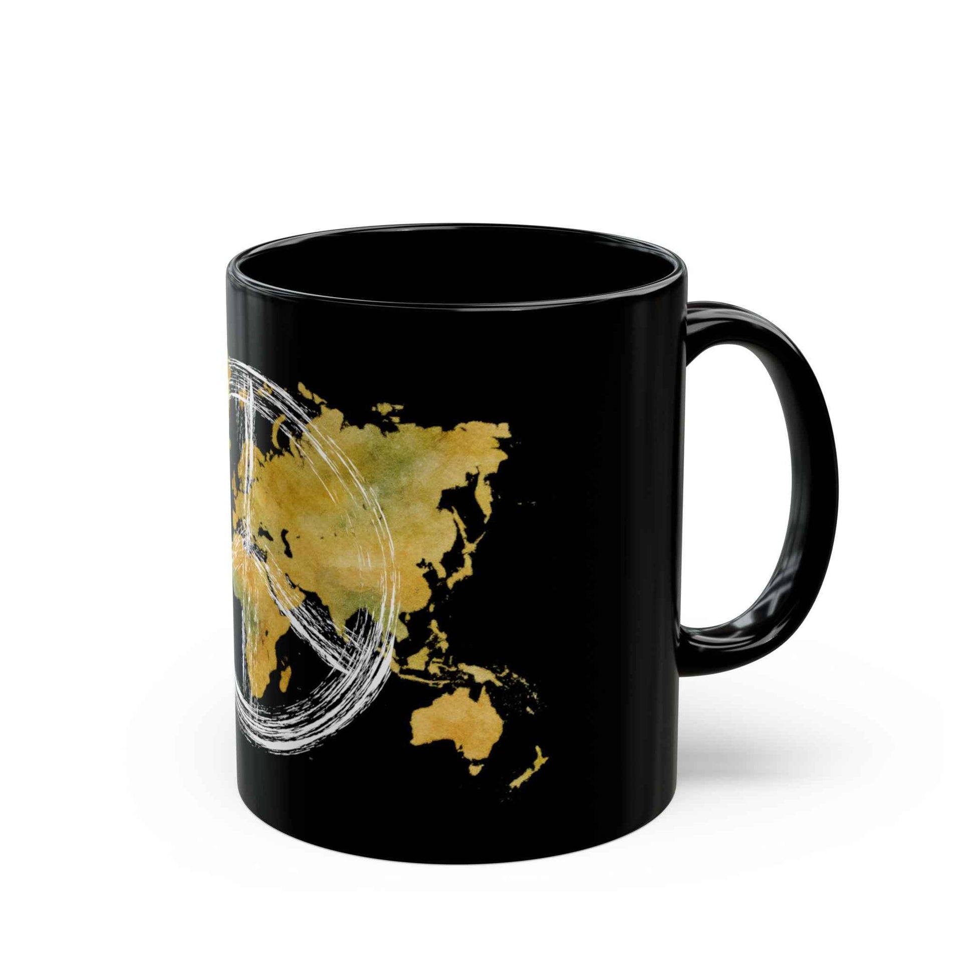 World Peace Earth Black Mug — Gold World Map with Peace Symbol (11oz/15oz)