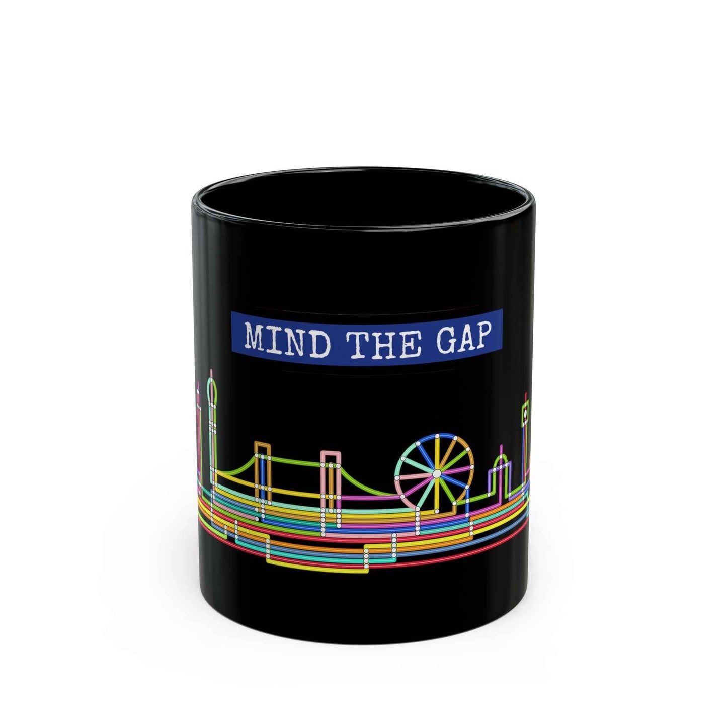 Mind The Gap Black Mug Neon City Skyline Coffee Cup (11oz & 15oz)