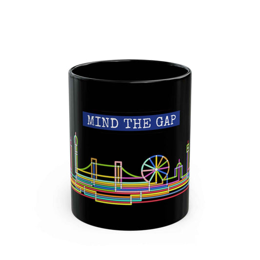 Mind The Gap Black Mug Neon City Skyline Coffee Cup (11oz & 15oz)