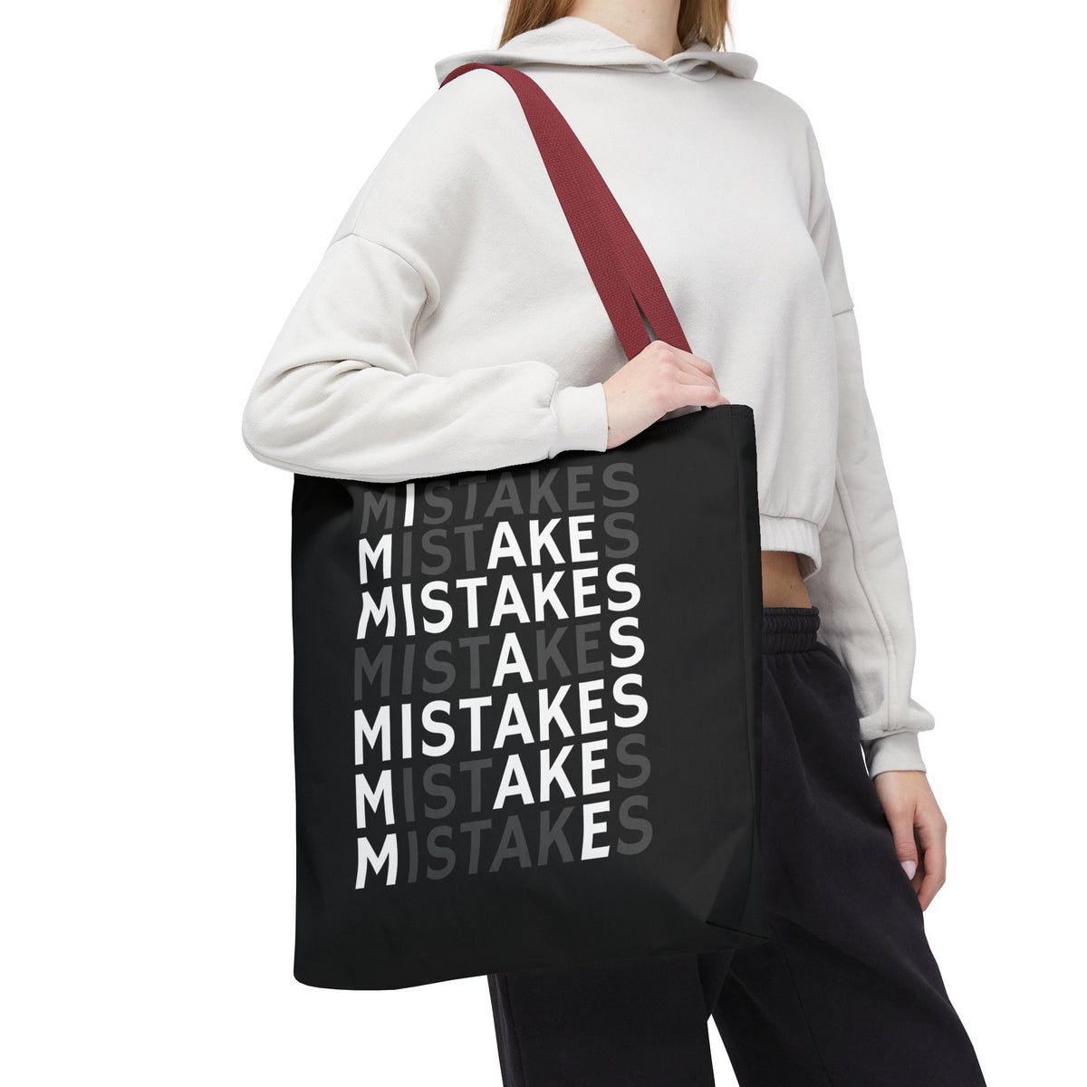 Mistakes Repeat Pattern Tote Bag — Black Typography Shopper