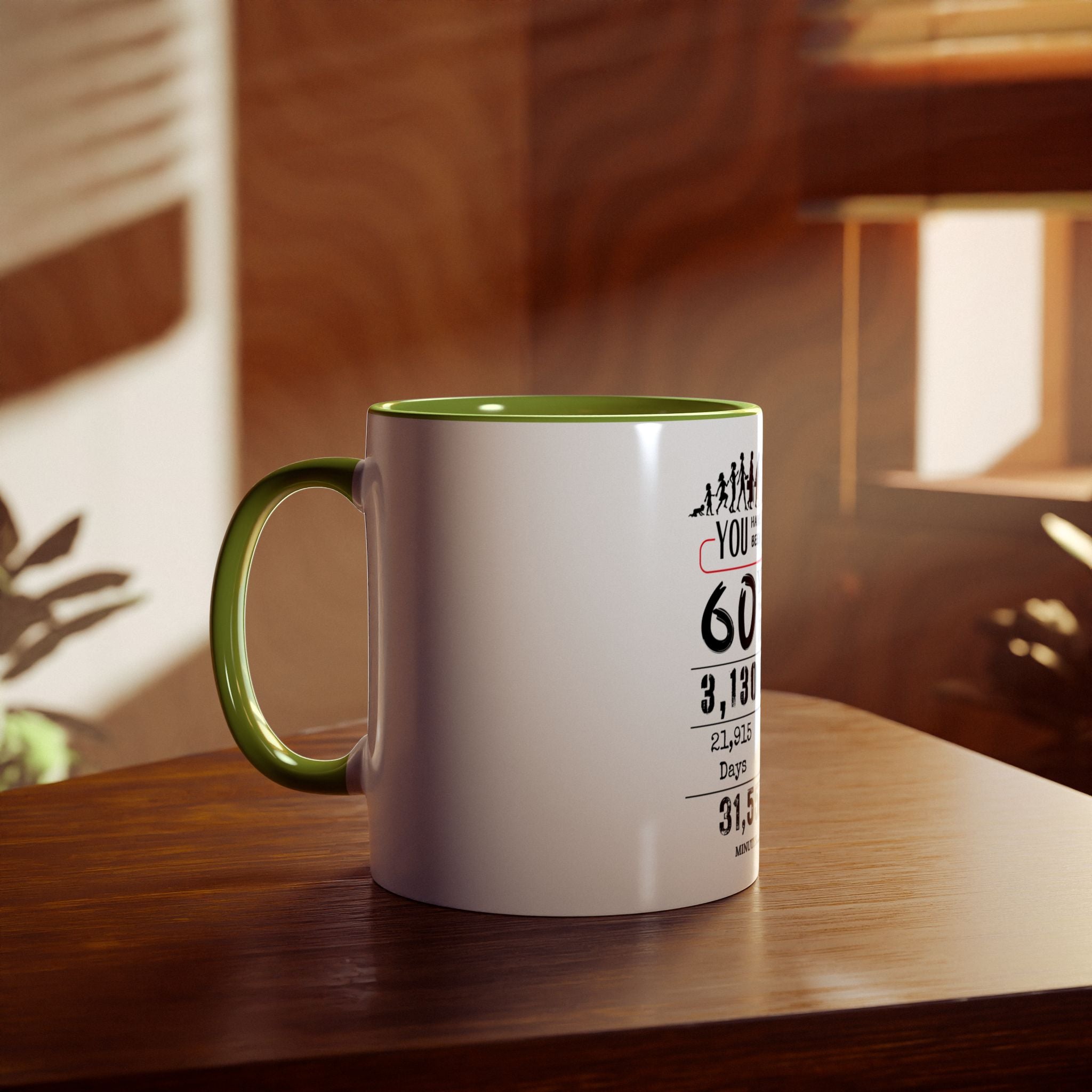 Happy 60th Birthday Gift, Mugs, 2 tone, Boys, Girls, Men, Women, Funny, Age, Facts, Years, Months, Weeks, Days, Hours, Minutes