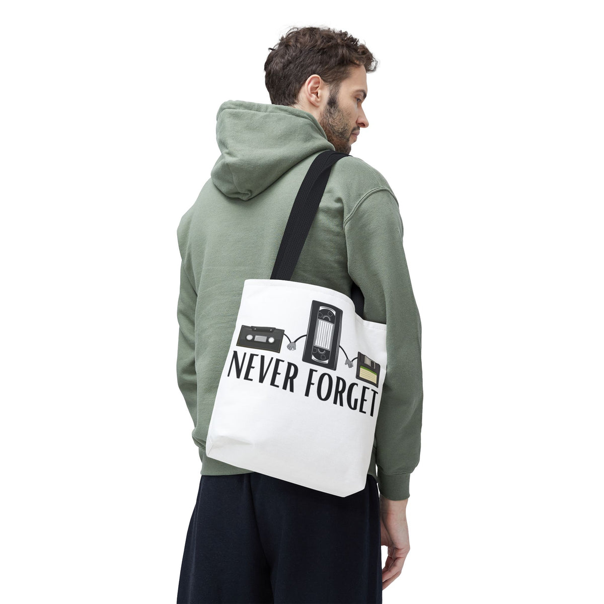 Retro Media 'Never Forget' Tote Bag — Vintage Cassette, VHS & Floppy Design