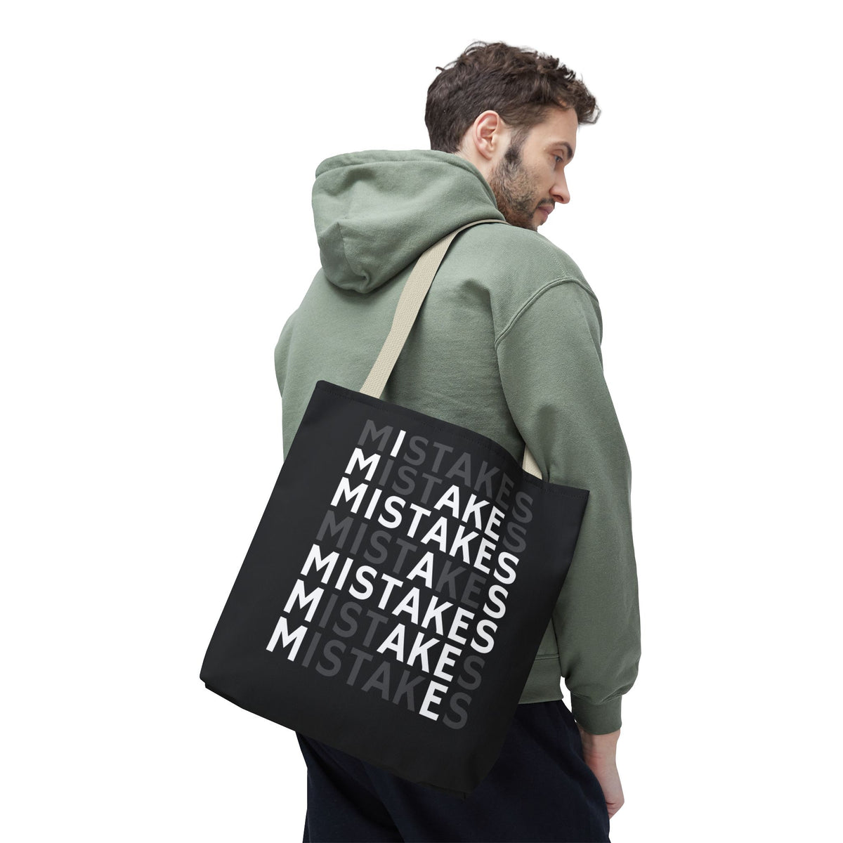 Mistakes Repeat Pattern Tote Bag — Black Typography Shopper