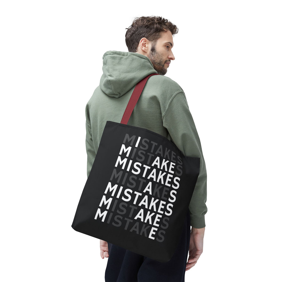 Mistakes Repeat Pattern Tote Bag — Black Typography Shopper