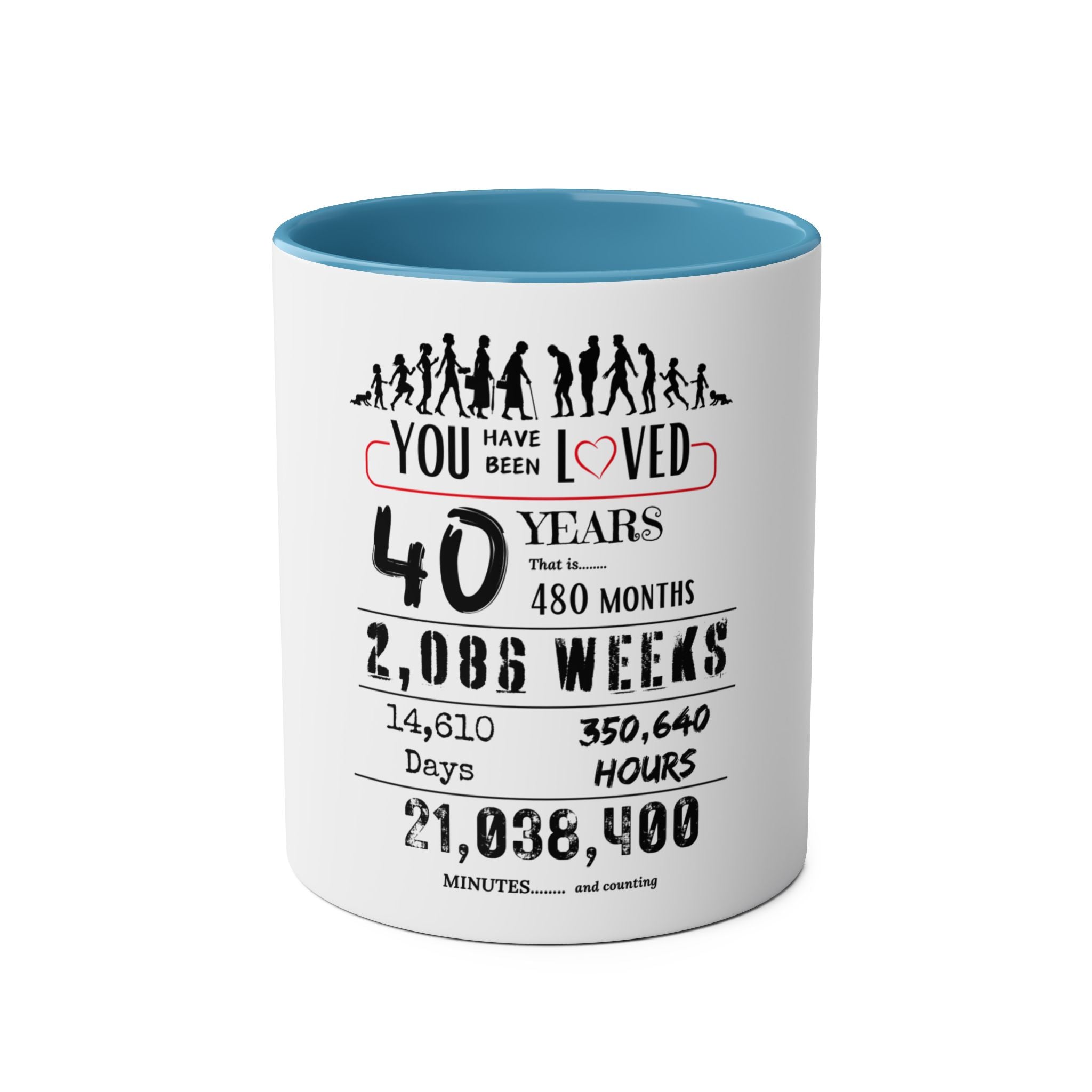 Happy 40th Birthday Gift, Mugs, 2 tone, Boys, Girls, Men, Women, Funny, Age, Facts, Years, Months, Weeks, Days, Hours, Minutes