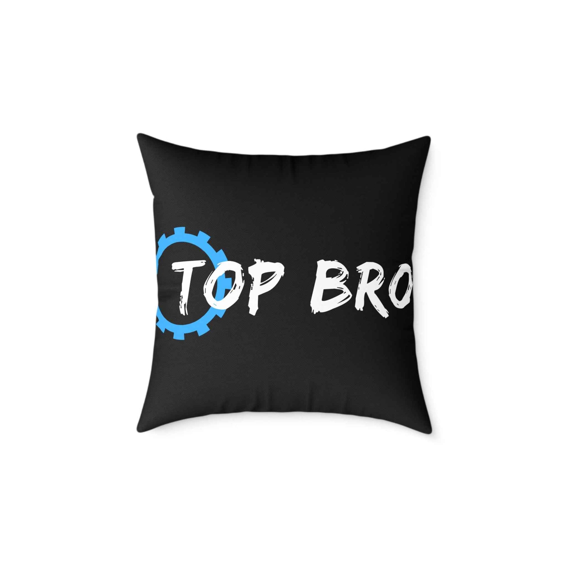 Top Bro Square Throw Pillow - Black Canvas Accent Cushion with Gear Logo