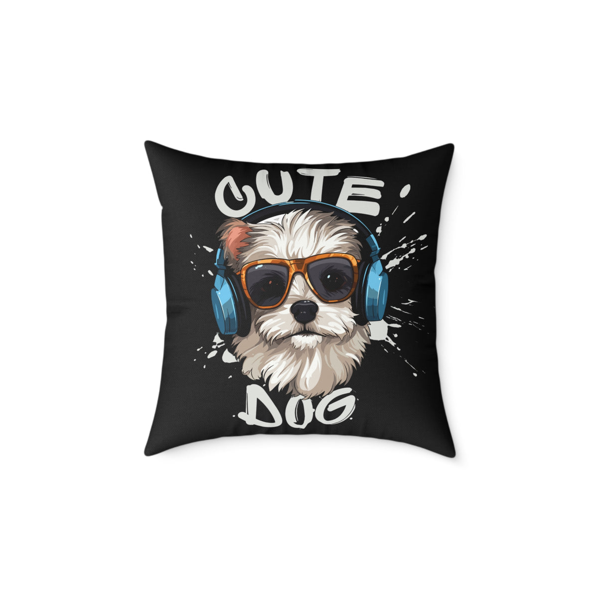 Cute Dog Headphones Square Pillow — Cool Sunglasses Pet Decor
