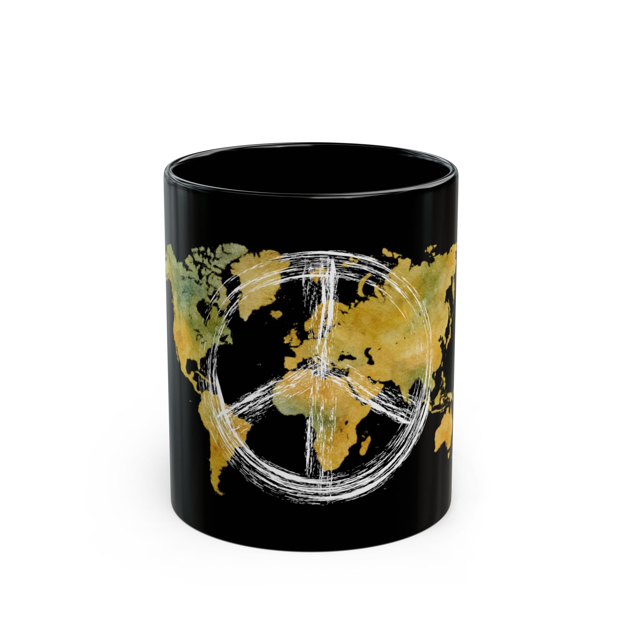 World Peace Earth Black Mug — Gold World Map with Peace Symbol (11oz/15oz)