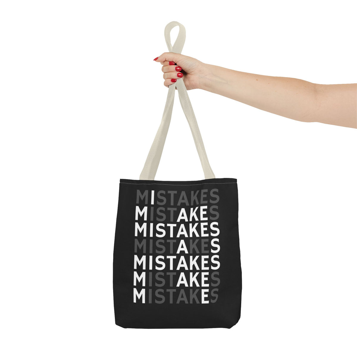 Mistakes Repeat Pattern Tote Bag — Black Typography Shopper