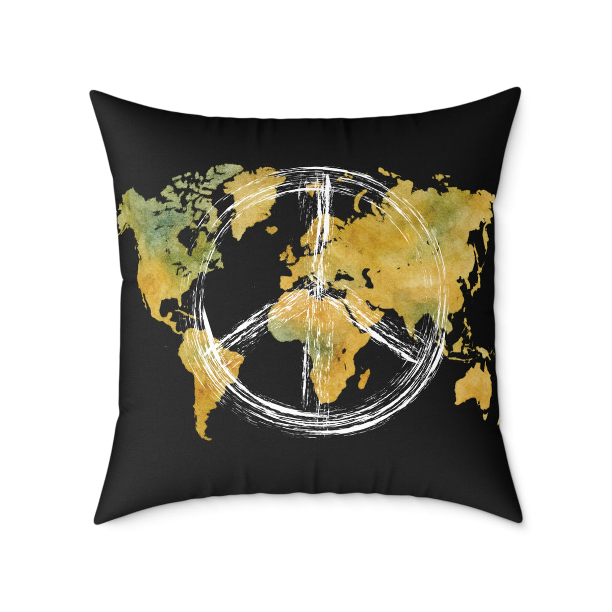 World Map Peace Sign Throw Pillow — Gold & Black Travel Decorative Pillow