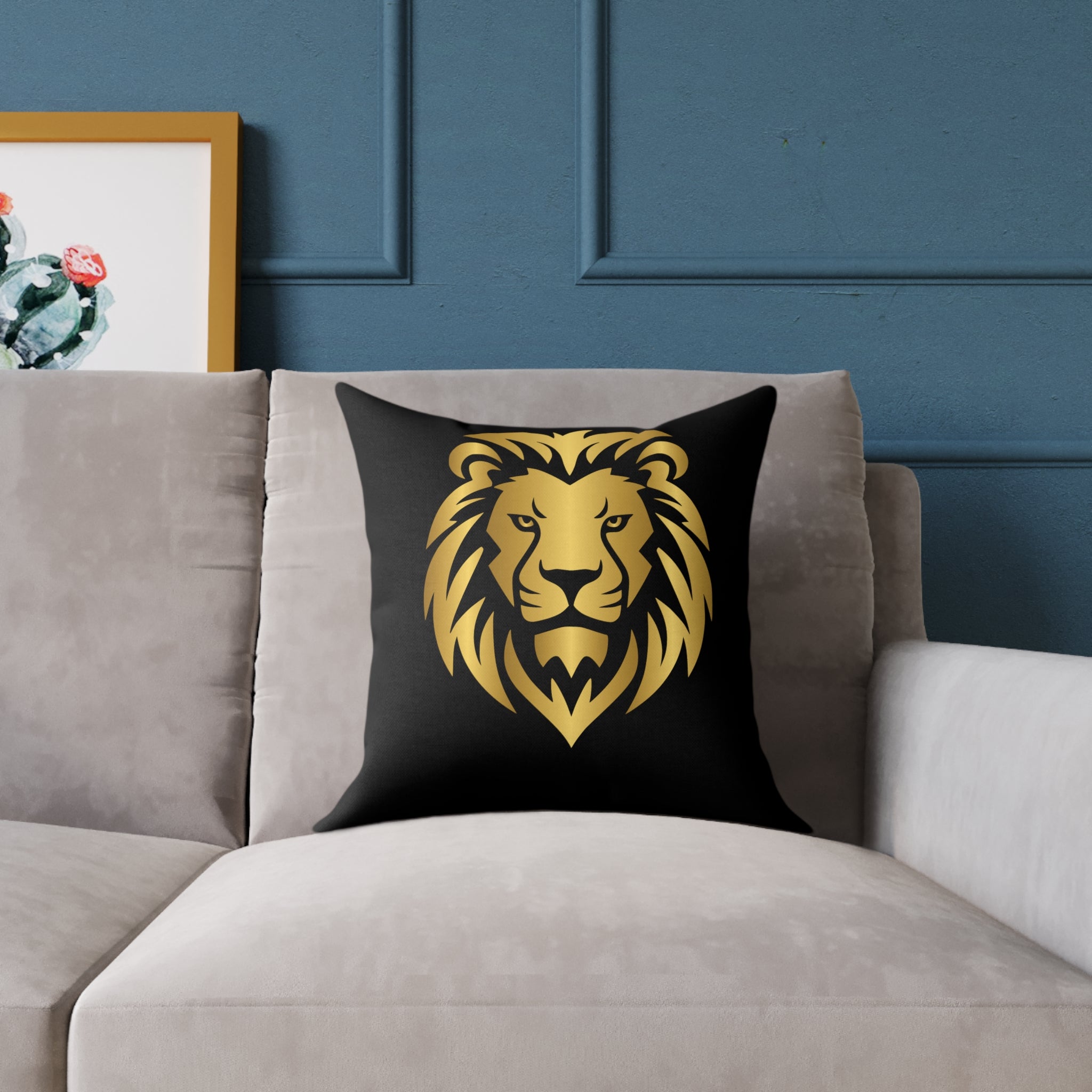 Lion Head Throw Pillow — Gold Lion Decorative Cushion for Living Room