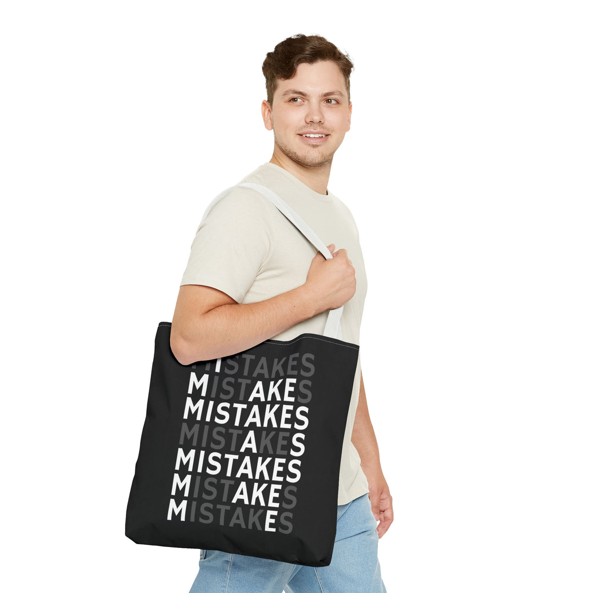 Mistakes Repeat Pattern Tote Bag — Black Typography Shopper
