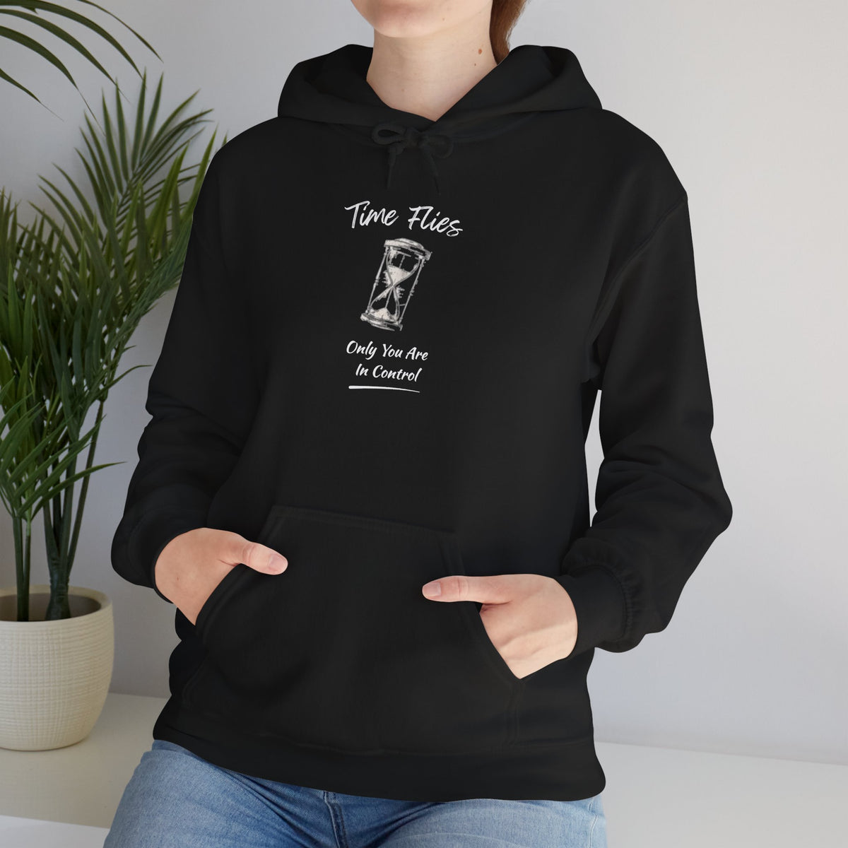 Time Flies Hoodie — "Only You Are in Control" Vintage Hourglass Pullover