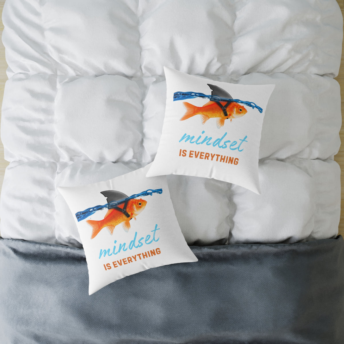 Mindset Is Everything Square Throw Pillow – Goldfish with Shark Fin Motivational Accent Pillow