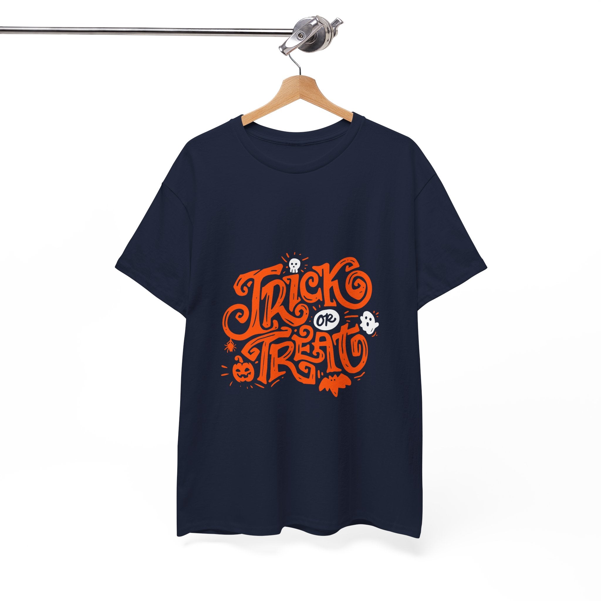 Trick or Treat Heavy Cotton Tee, Halloween Gift Shirt, Unisex Black T-Shirt, Spooky Costume Top, Fall Celebration Apparel