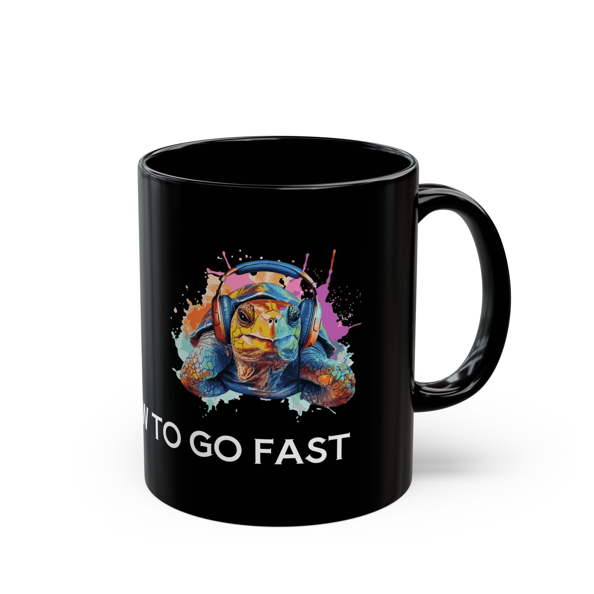 Turtle Mug — Colorful Turtle with Headphones "We Slow to Go Fast" Black Coffee Mug (11oz/15oz)