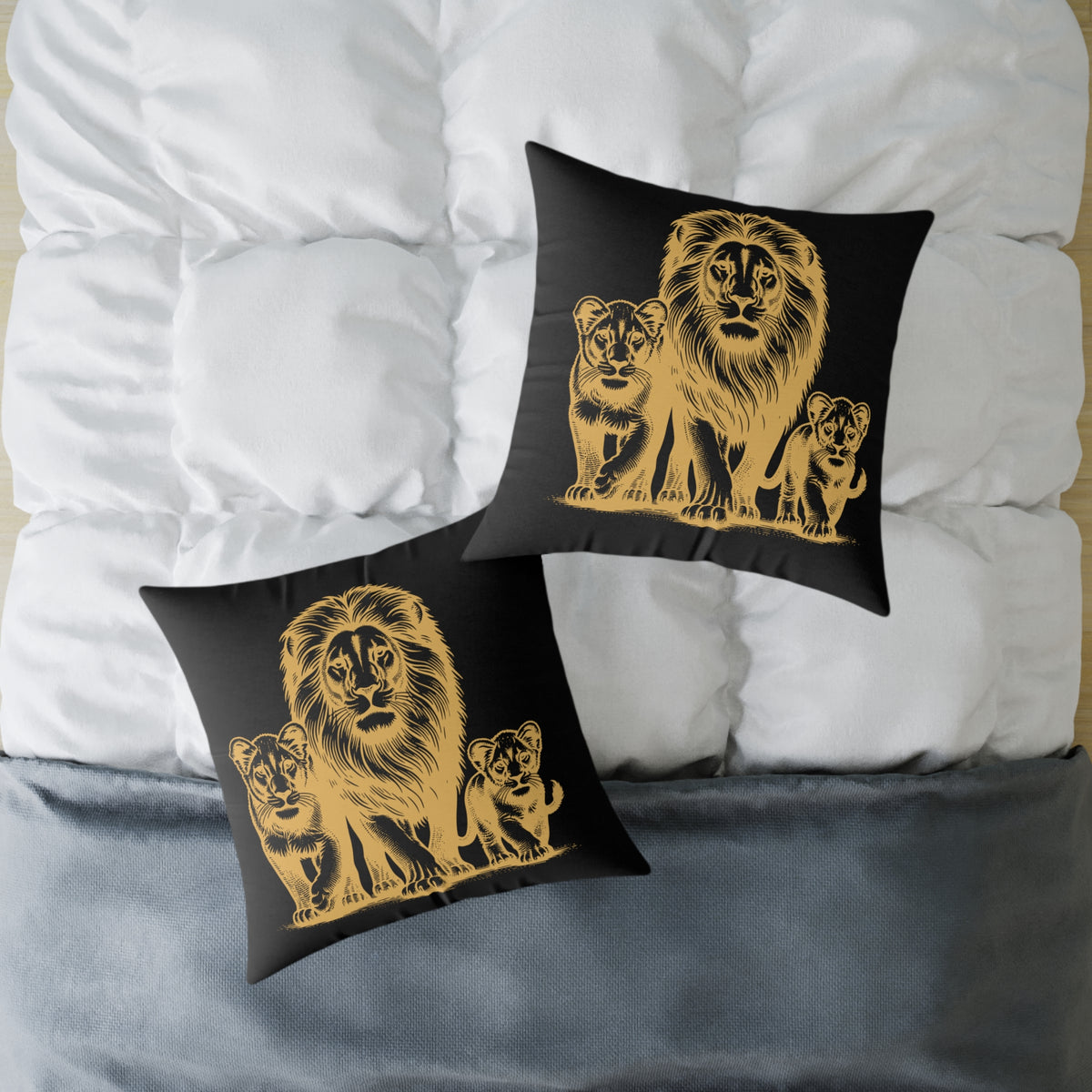 Lion Family Throw Pillow — Gold Safari Lion Cub Decorative Cushion