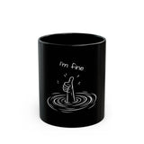 Funny "I'm Fine" Black Mug — Thumbs Up Drowning Illustration (11oz, 15oz)