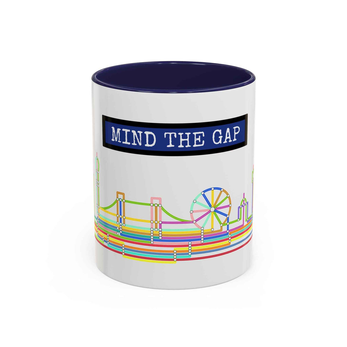 Mind the Gap Coffee Mug — Colorful City Skyline Accent Mug (11/15oz)