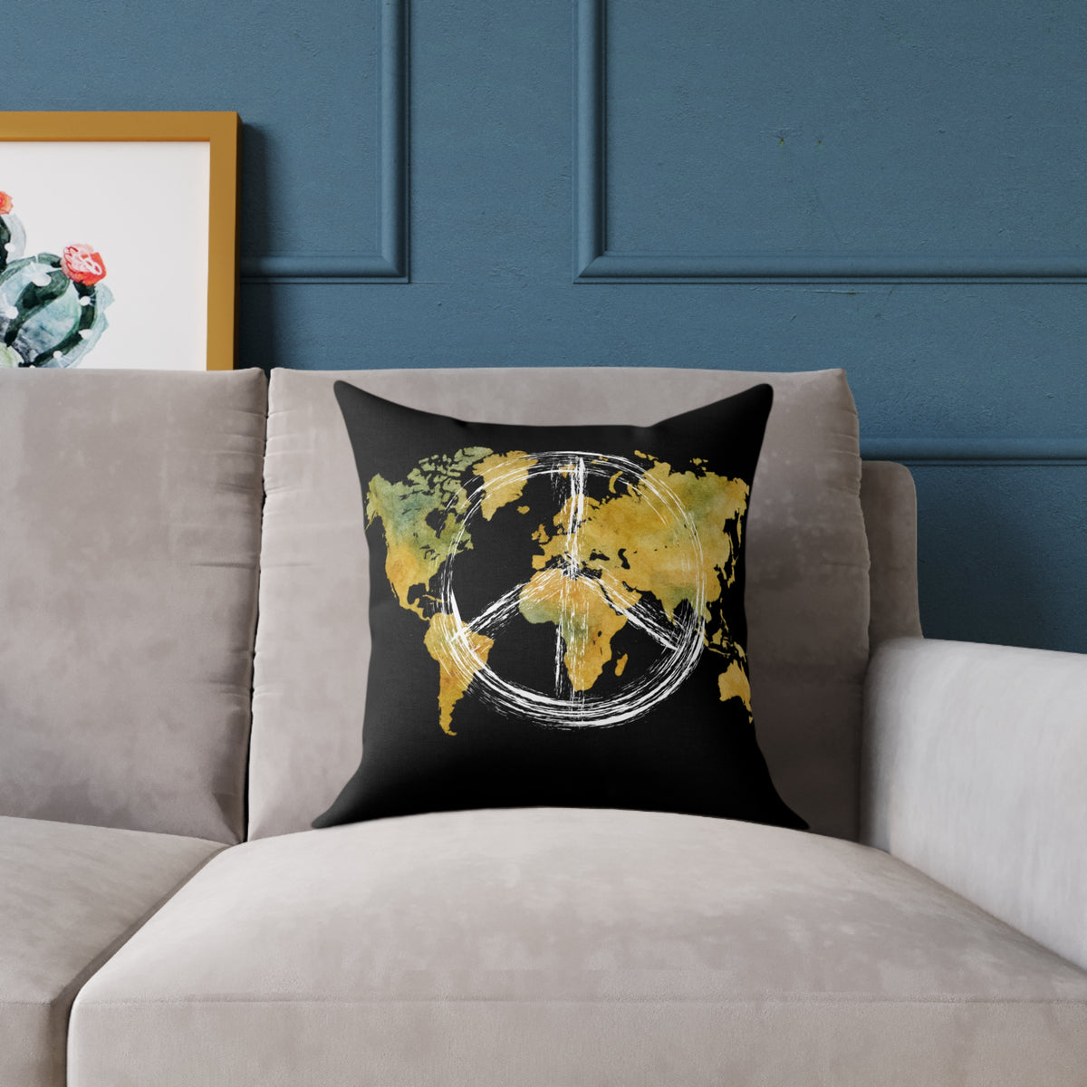 World Map Peace Sign Throw Pillow — Gold & Black Travel Decorative Pillow